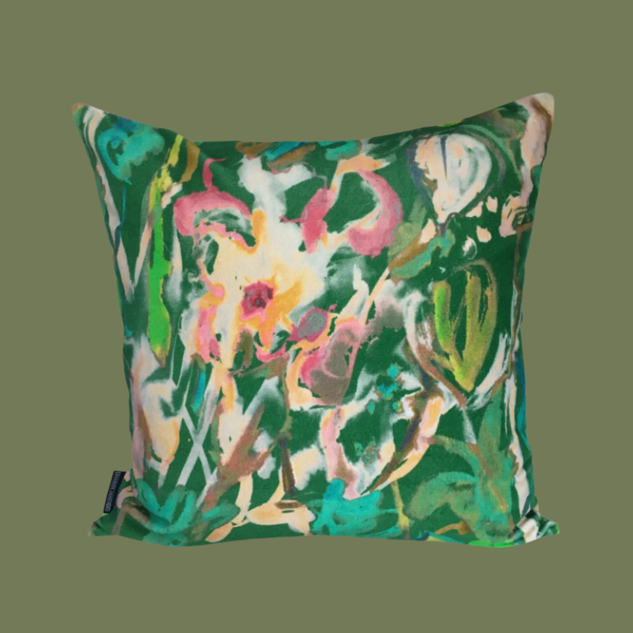 Sharon Jane - Watercolour Floral Velvet Cushion - Emerald