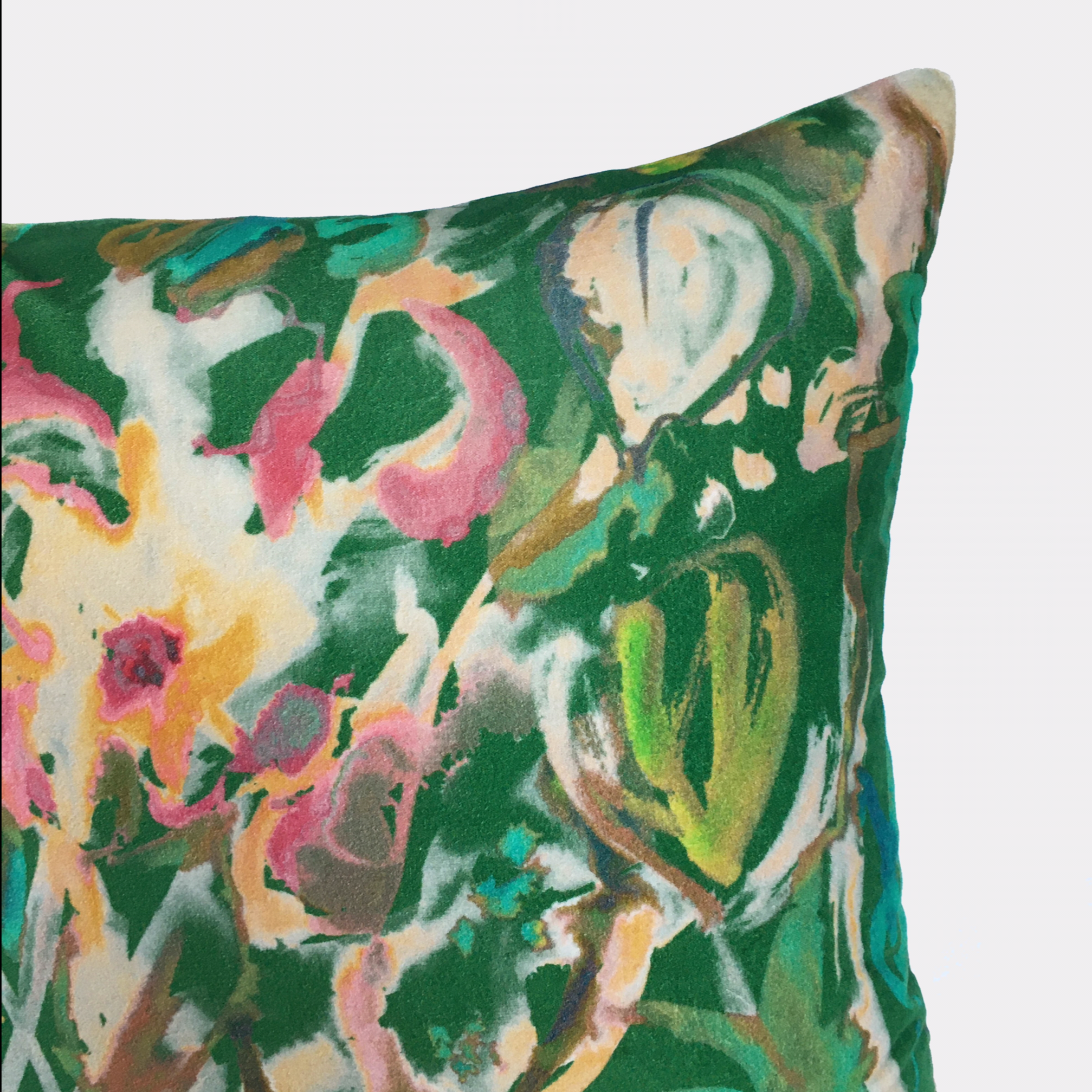Sharon Jane - Watercolour Floral Velvet Cushion - Emerald