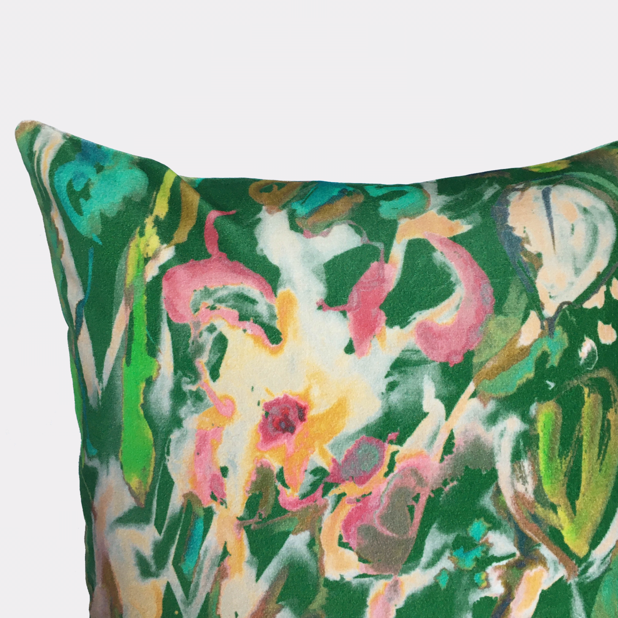 Sharon Jane - Watercolour Floral Velvet Cushion - Emerald