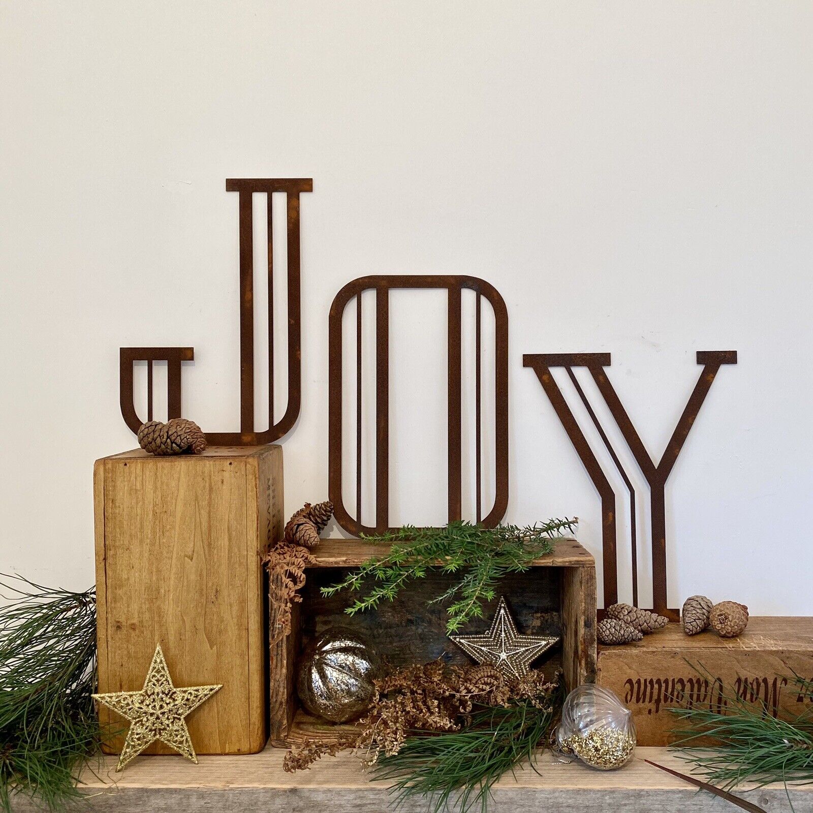 Rustic Warehouse Norfolk - JOY Art Deco Rusty Metel Letters 12 Inches Tall Christmas Mantle Fireplace Decoration