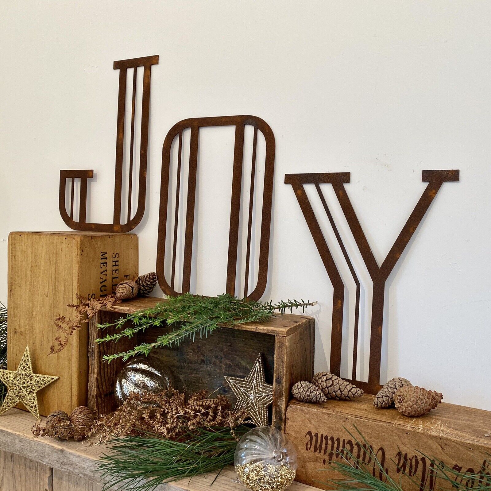 Rustic Warehouse Norfolk - JOY Art Deco Rusty Metel Letters 12 Inches Tall Christmas Mantle Fireplace Decoration