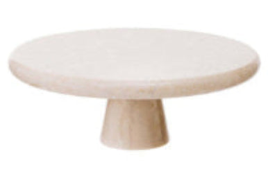 Round stone table with a wooden base on a white background
