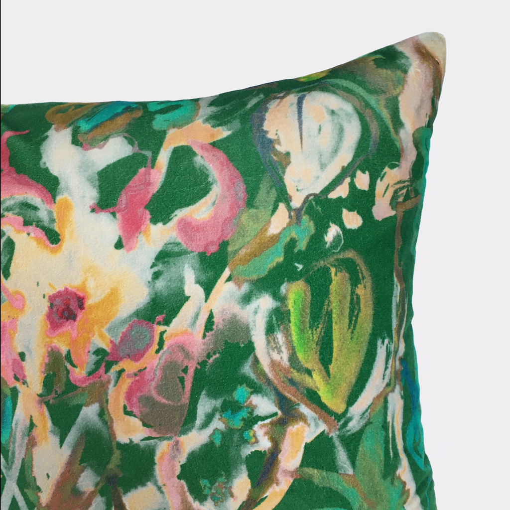 Sharon Jane - Watercolour Floral Velvet Cushion - Emerald