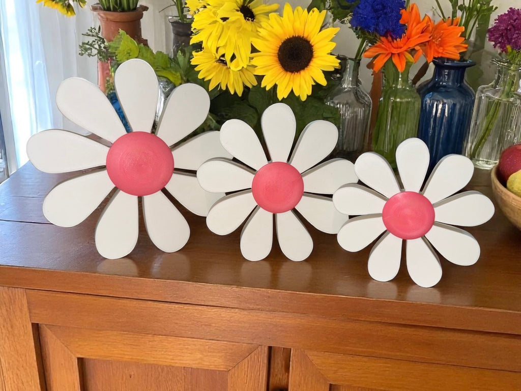 Daisy Flower Wall Decor Free Standing Magnetic | Gift for Mum | Vibrant Flowers Shelf Sitter Summer Bloom | Set Of Three