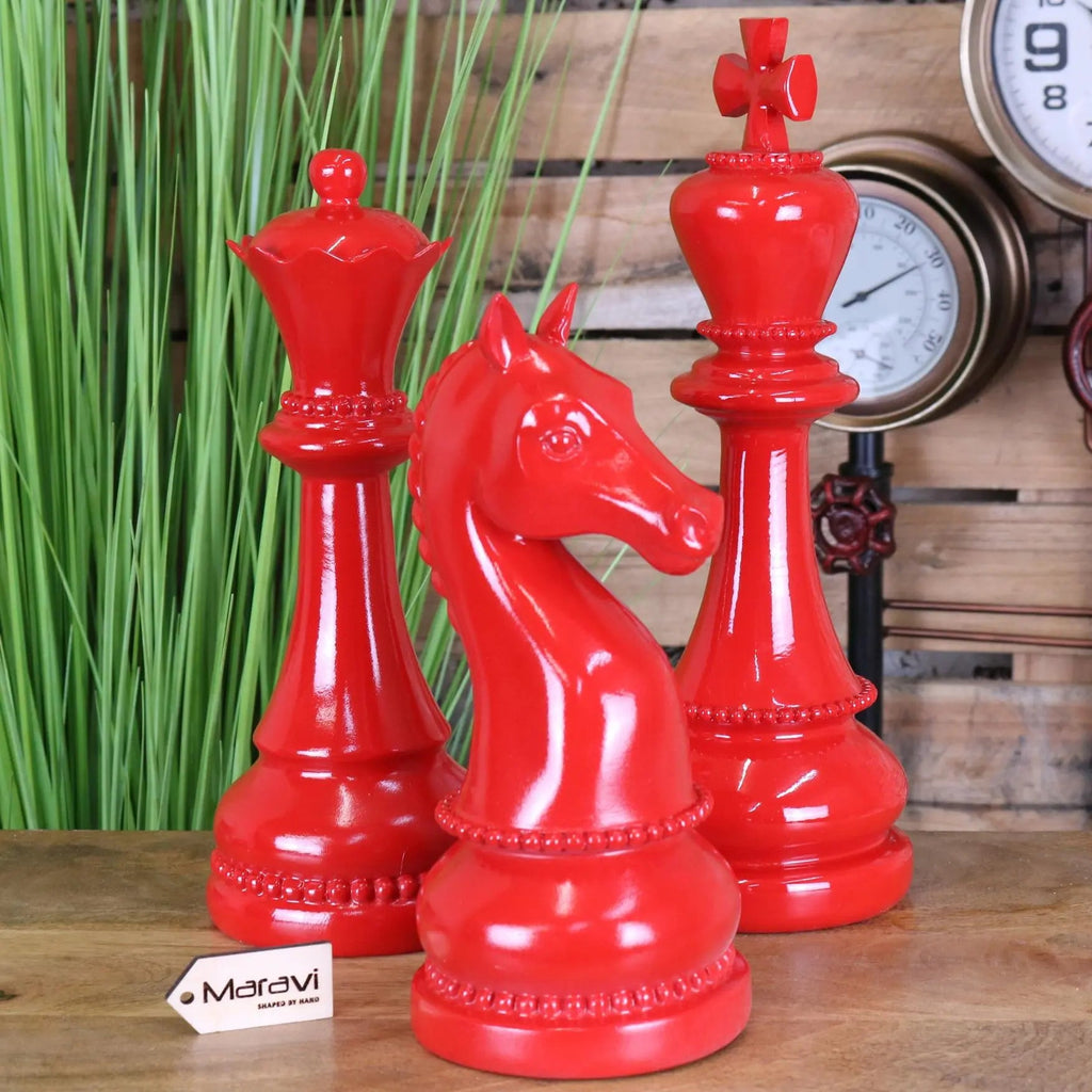Shatranj Set of 3 Large Chess Piece Ornaments Red Accent