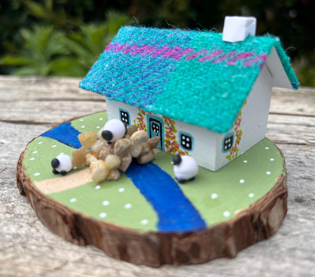 Teal and Pink Harris Tweed Miniature Scottish Bothy with Sheep